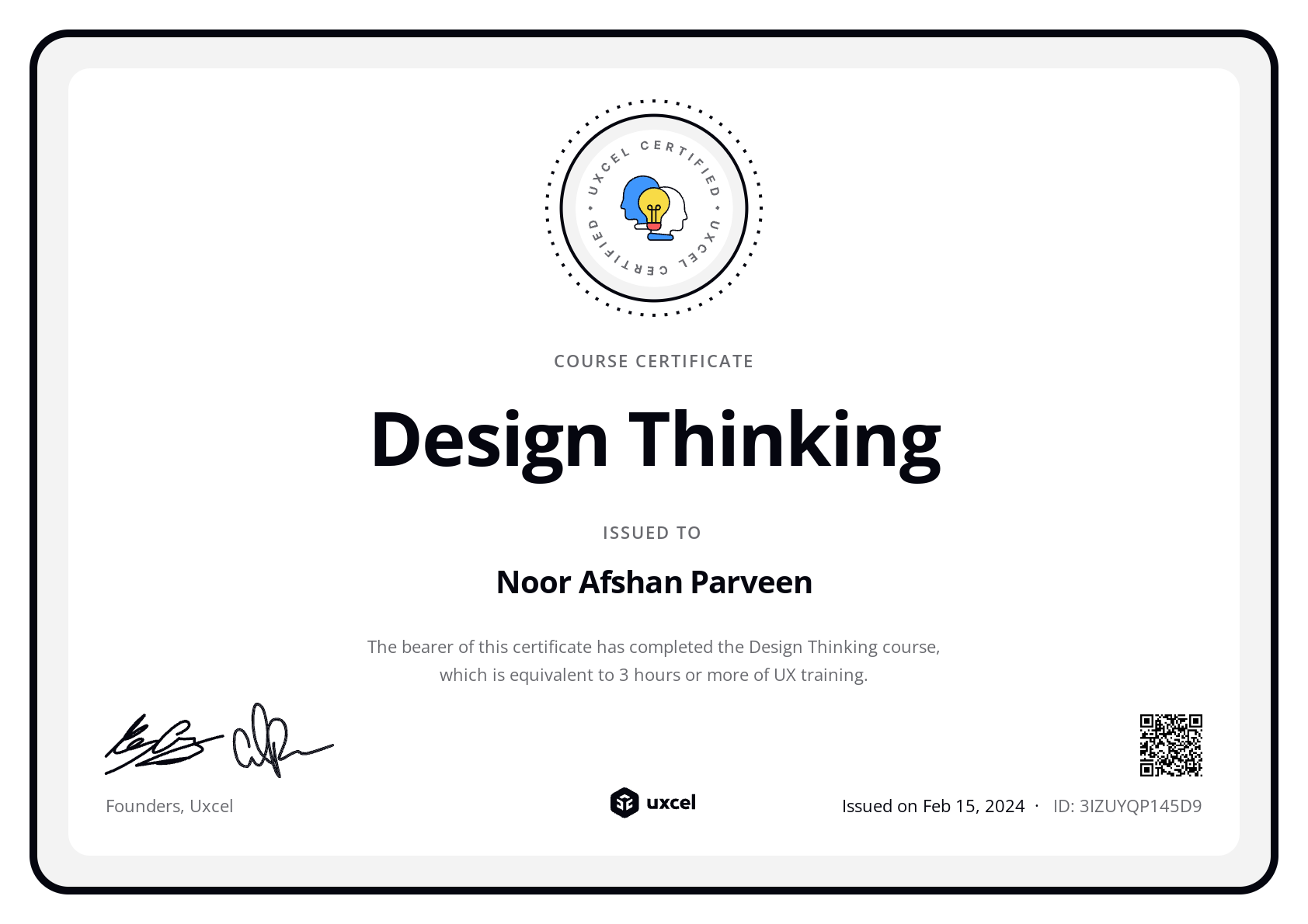Noor Afshan Parveen's certificate